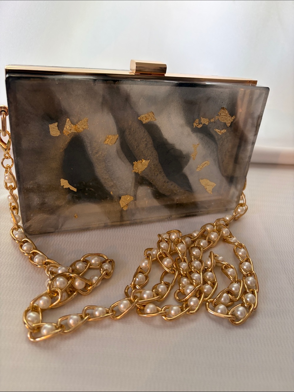 Handmade Black/ White with Gold Leaf Clutchand Pearl Chain
8”x 5”